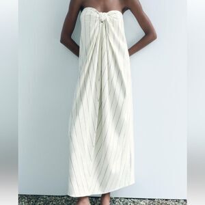 Zara NWT Cream Strapless Midi Dress with Thin Black Pinstripes